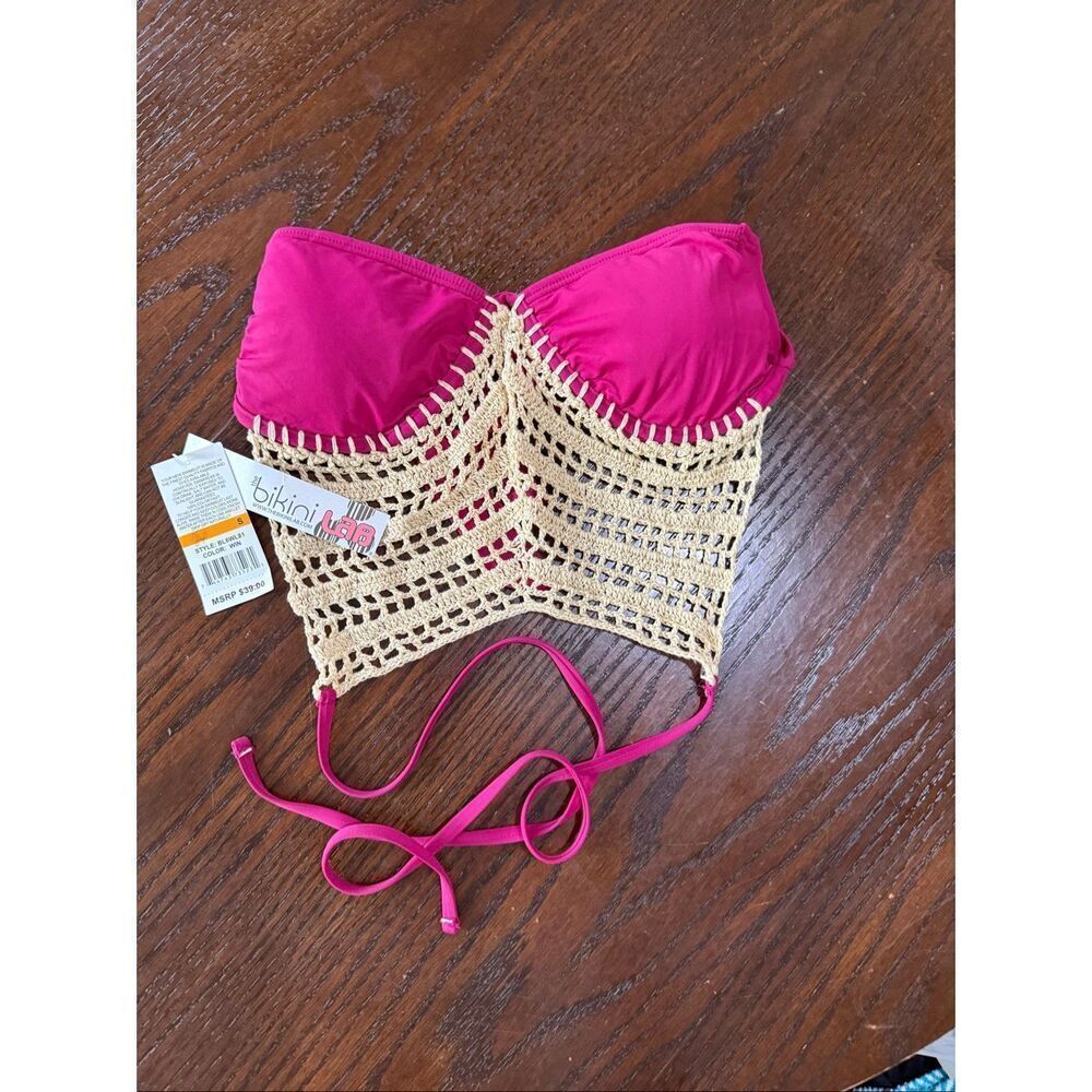 NWT The Bikini Lab Women's Crochet High Neck Halter Bikini Top Wine Pink Small